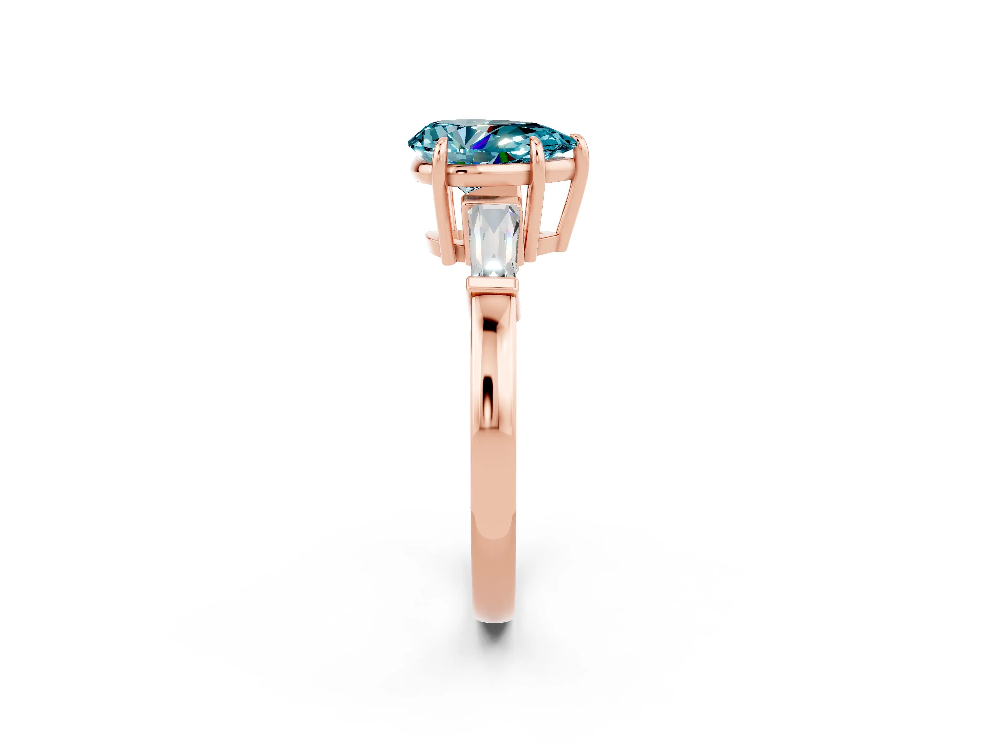Rose gold Pear Cut Cut Diamond Ring with Tapered Baguette Side Stones in Four-Prong Setting_2