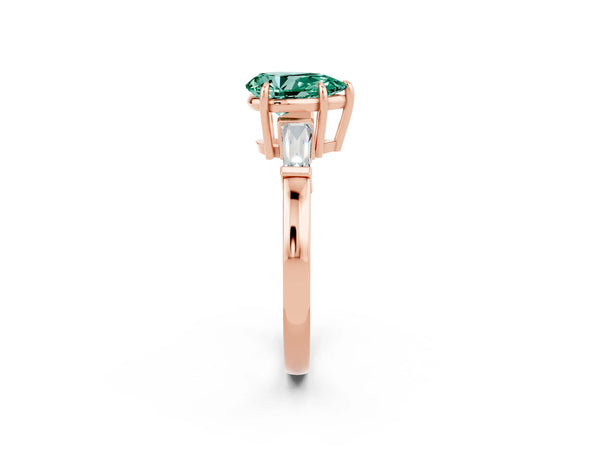 Rose gold Pear Cut Green Sapphire Three-Stone Ring with Tapered Baguette Side Stones and Prong Setting