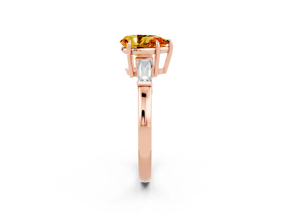 Rose gold Pear Cut Citrine Three-Stone Ring with Tapered Baguette Side Stones and Prong Setting