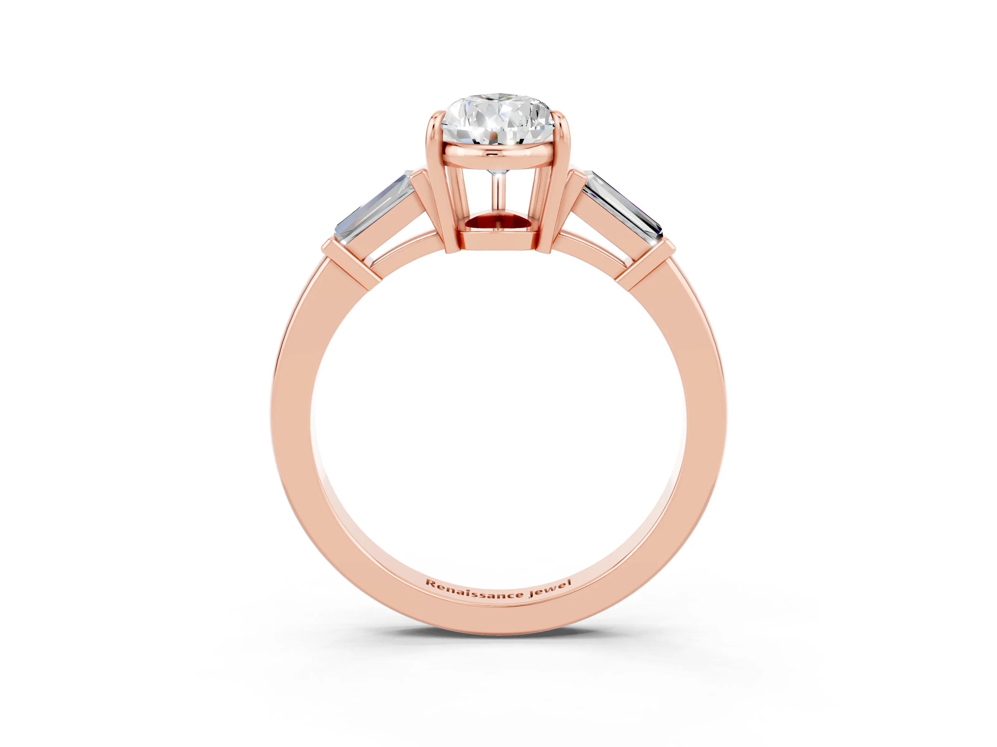 Rose gold Pear Cut Cut Diamond Ring with Tapered Baguette Side Stones in Four-Prong Setting_3