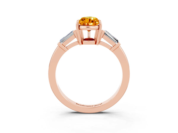 Rose gold Pear Cut Citrine Three-Stone Ring with Tapered Baguette Side Stones and Prong Setting