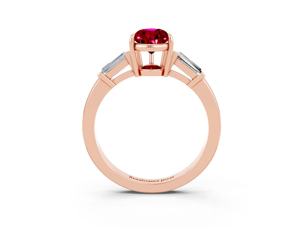 Rose gold Pear Cut Garnet Three-Stone Ring with Tapered Baguette Side Stones and Prong Setting