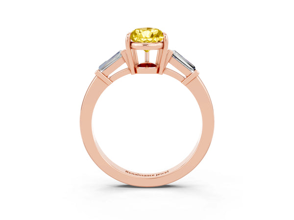 Rose gold Pear Cut Yellow Sapphire Three-Stone Ring with Tapered Baguette Side Stones and Prong Setting