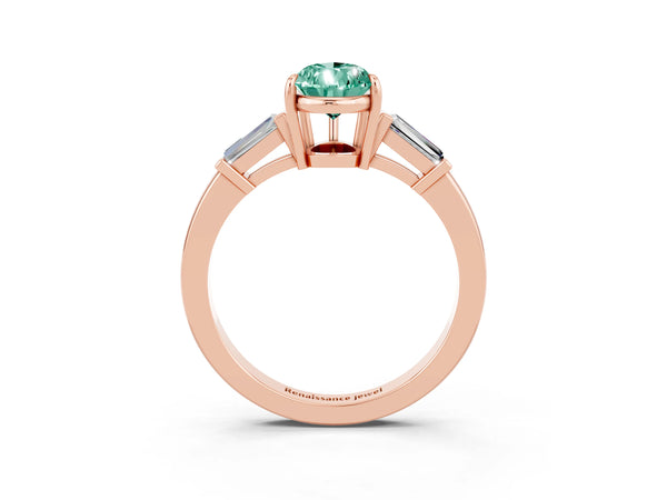 Rose gold Pear Cut Green Sapphire Three-Stone Ring with Tapered Baguette Side Stones and Prong Setting