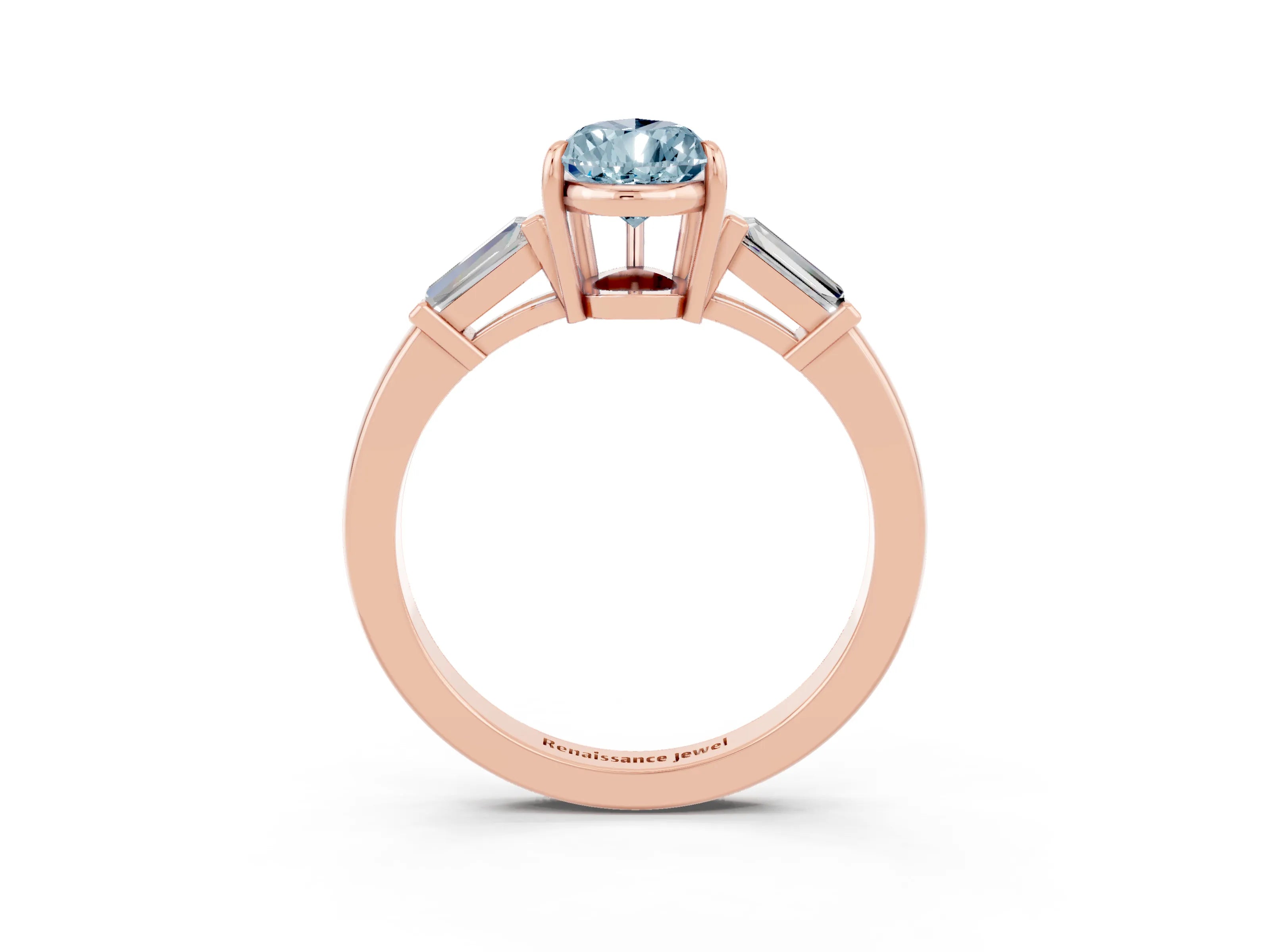 Rose gold Pear Cut Cut Diamond Ring with Tapered Baguette Side Stones in Four-Prong Setting_3