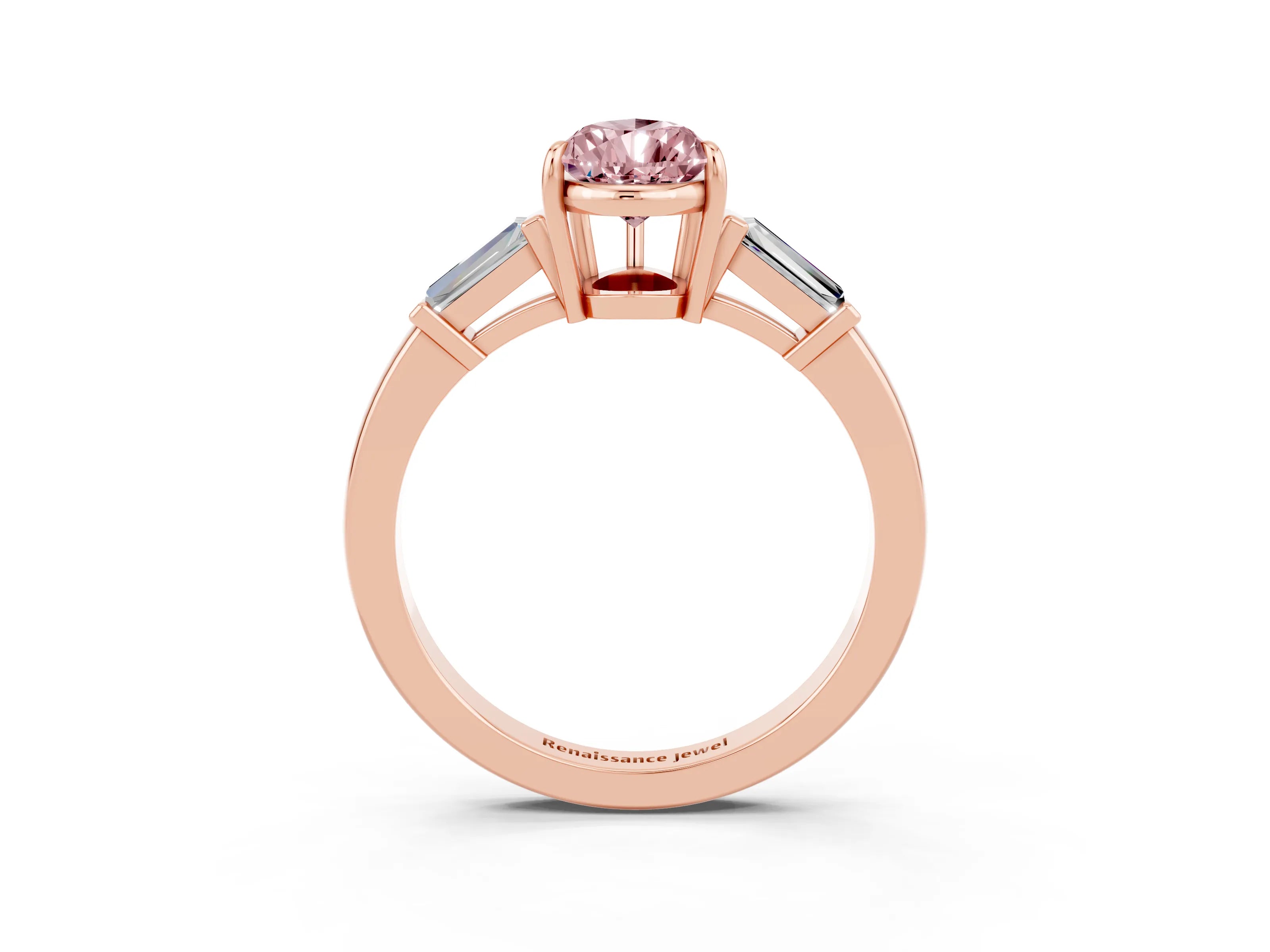 Rose gold Pear Cut Cut Diamond Ring with Tapered Baguette Side Stones in Four-Prong Setting_3