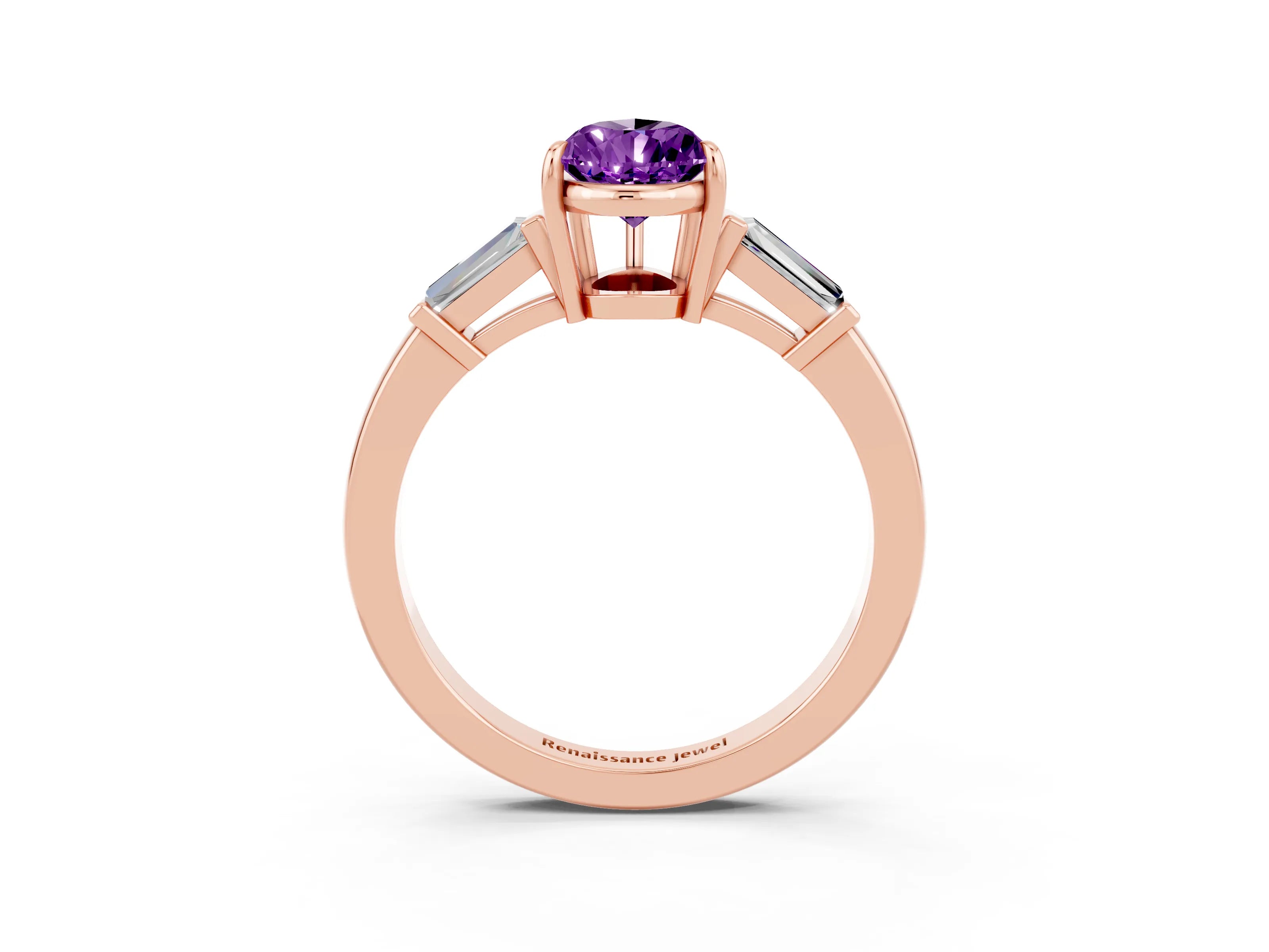 Rose gold Pear Cut Cut Diamond Ring with Tapered Baguette Side Stones in Four-Prong Setting_3