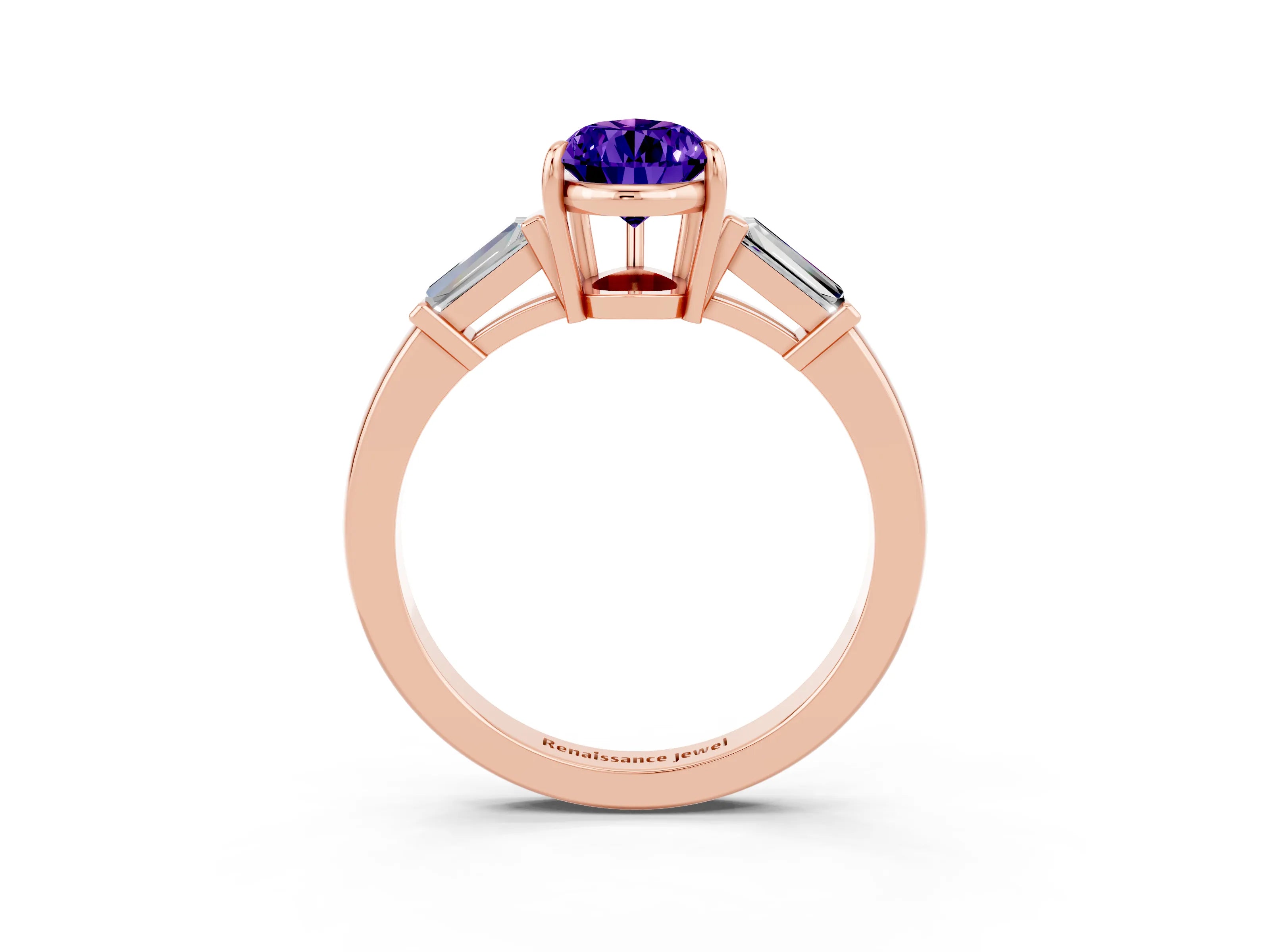 Rose gold Pear Cut Cut Diamond Ring with Tapered Baguette Side Stones in Four-Prong Setting_3