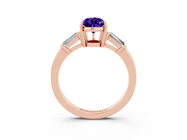 Rose gold Pear Cut Tanzanite Three-Stone Ring with Tapered Baguette Side Stones and Prong Setting