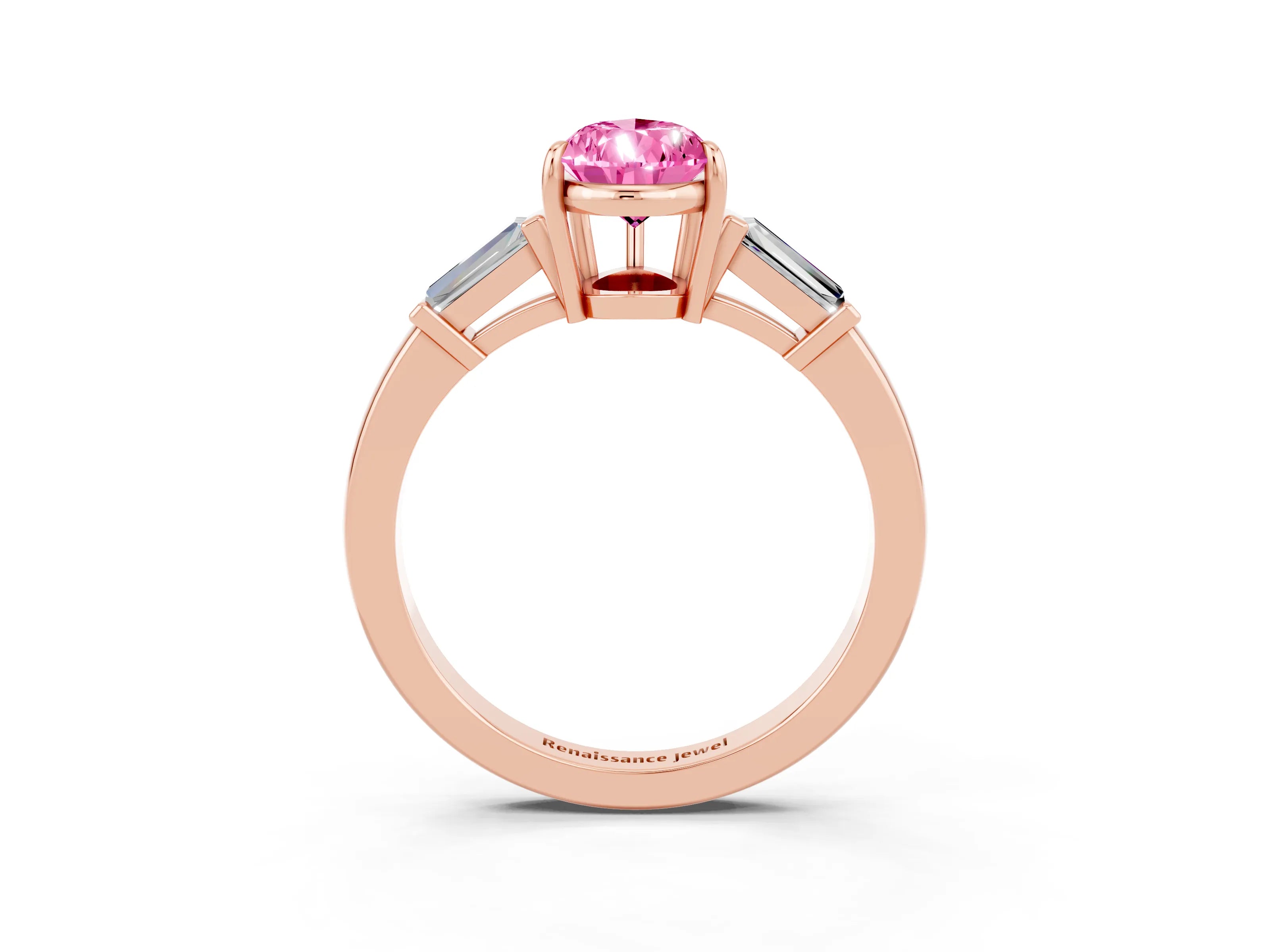 Rose gold Pear Cut Cut Diamond Ring with Tapered Baguette Side Stones in Four-Prong Setting_3