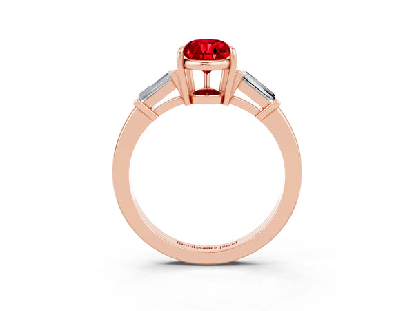 Rose gold Pear Cut Cut Diamond Ring with Tapered Baguette Side Stones in Four-Prong Setting
