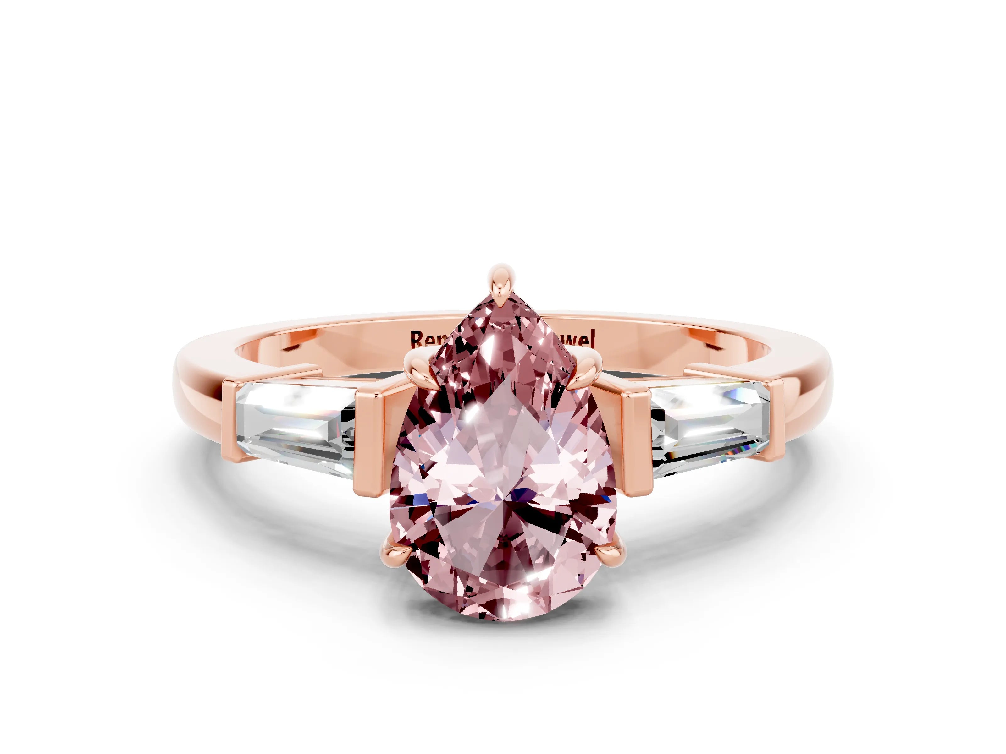 Rose gold Pear Cut Cut Diamond Ring with Tapered Baguette Side Stones in Four-Prong Setting