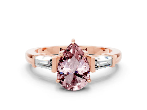 Rose gold Pear Cut Cut Diamond Ring with Tapered Baguette Side Stones in Four-Prong Setting