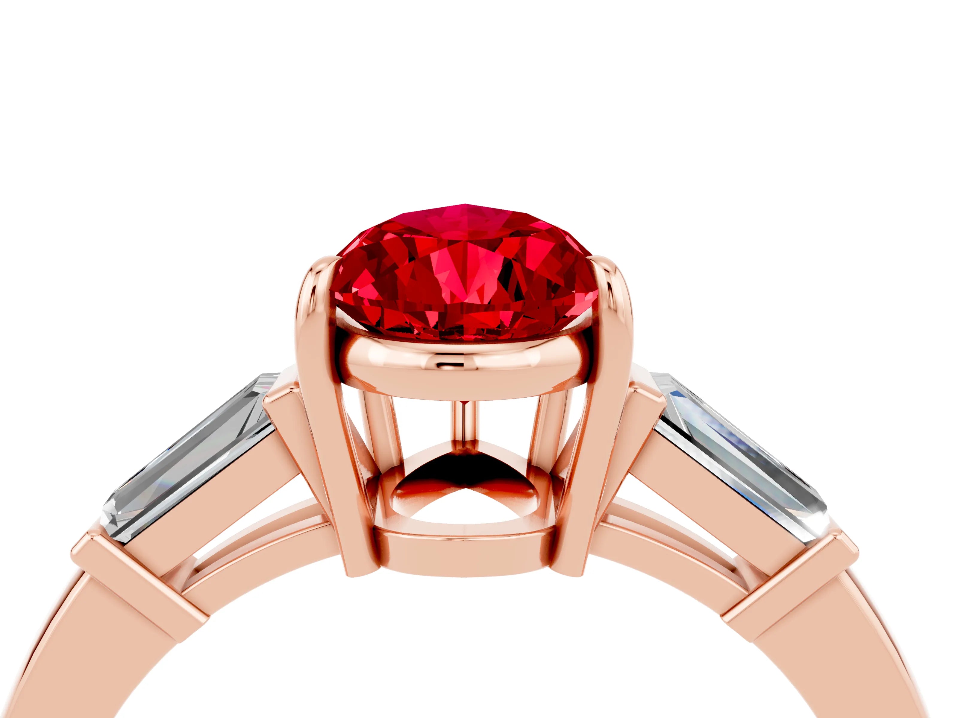 Rose gold Pear Cut Cut Diamond Ring with Tapered Baguette Side Stones in Four-Prong Setting_4