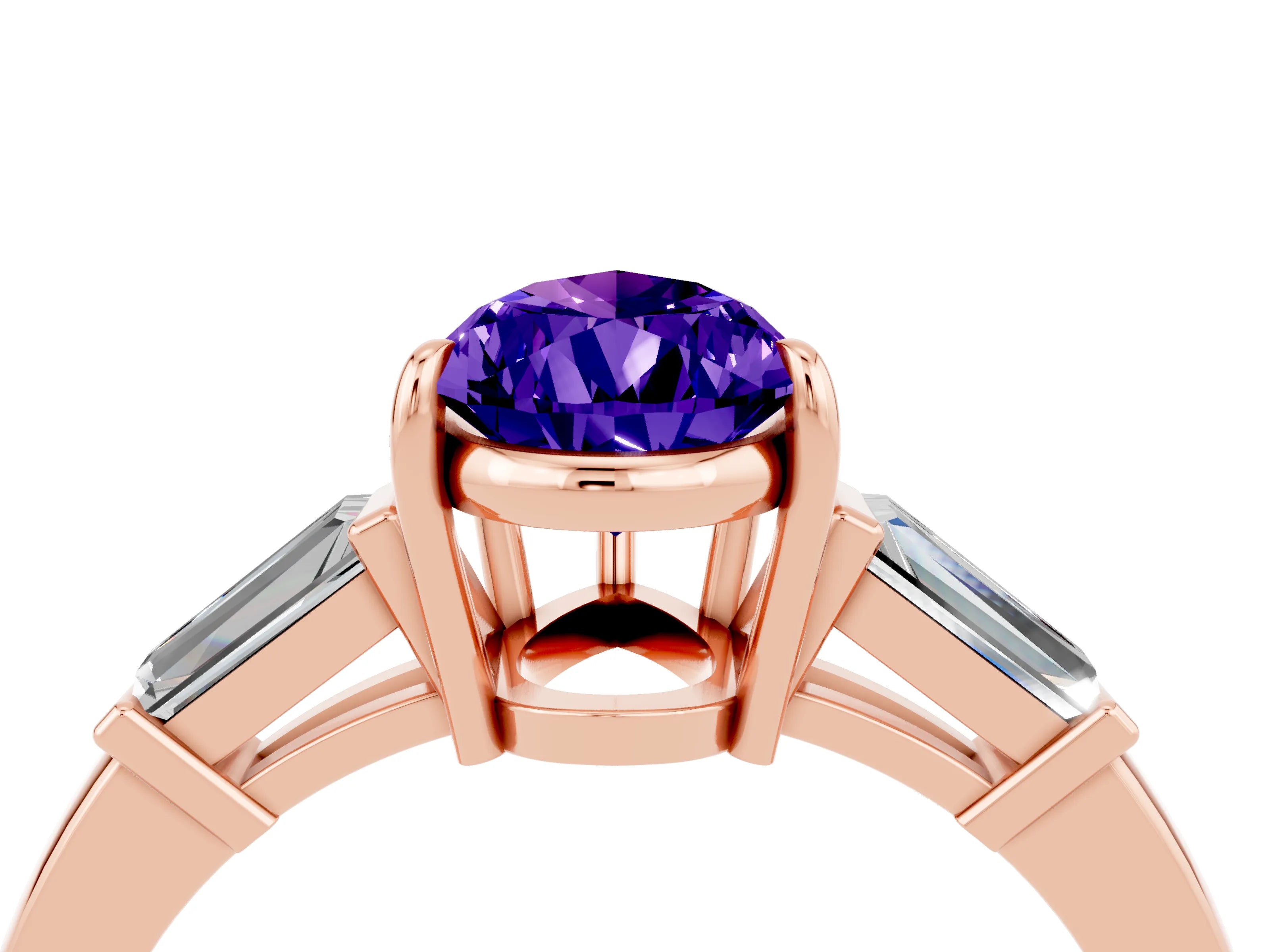 Rose gold Pear Cut Cut Diamond Ring with Tapered Baguette Side Stones in Four-Prong Setting_4