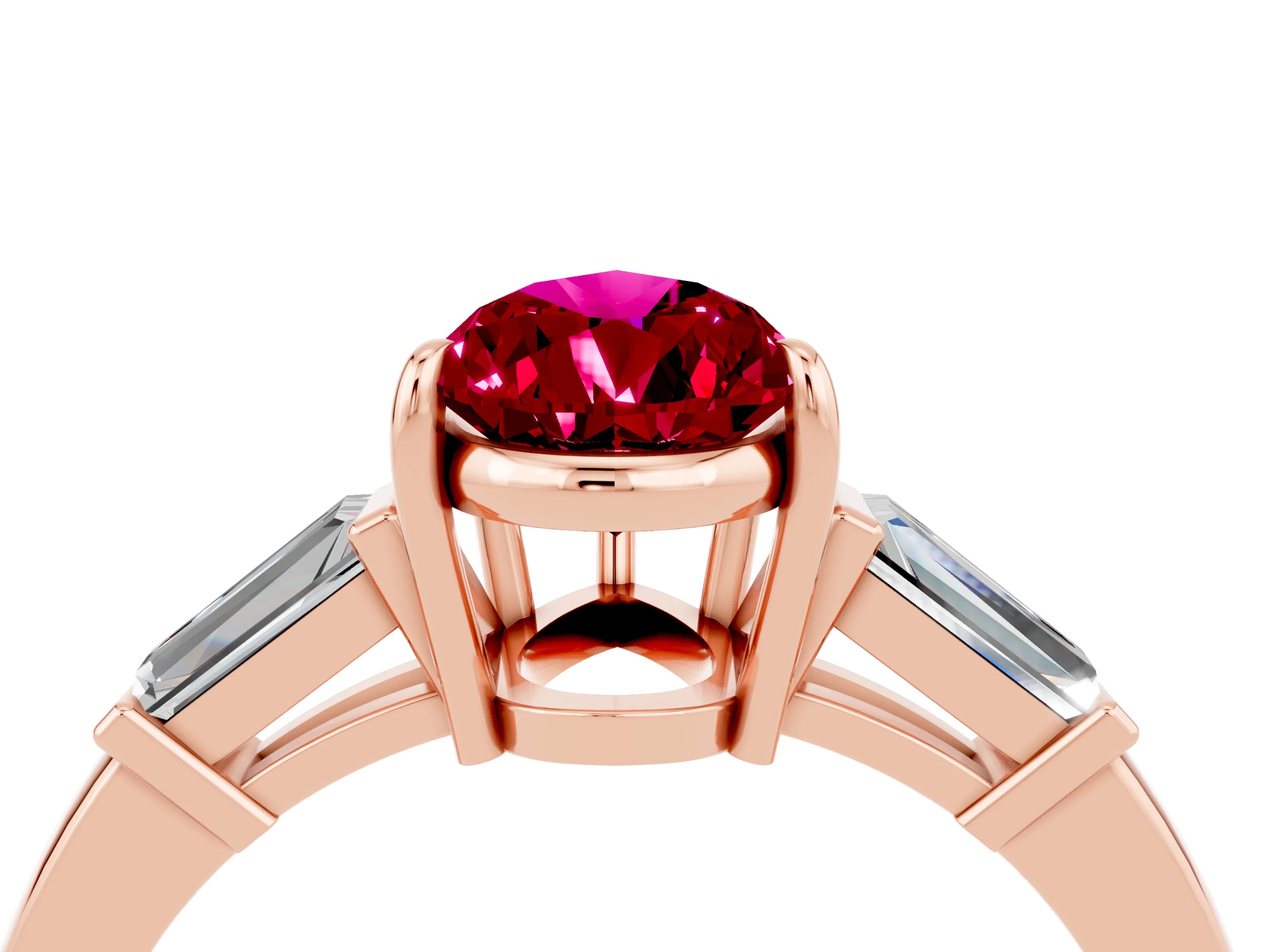 Rose gold Pear Cut Cut Diamond Ring with Tapered Baguette Side Stones in Four-Prong Setting_4