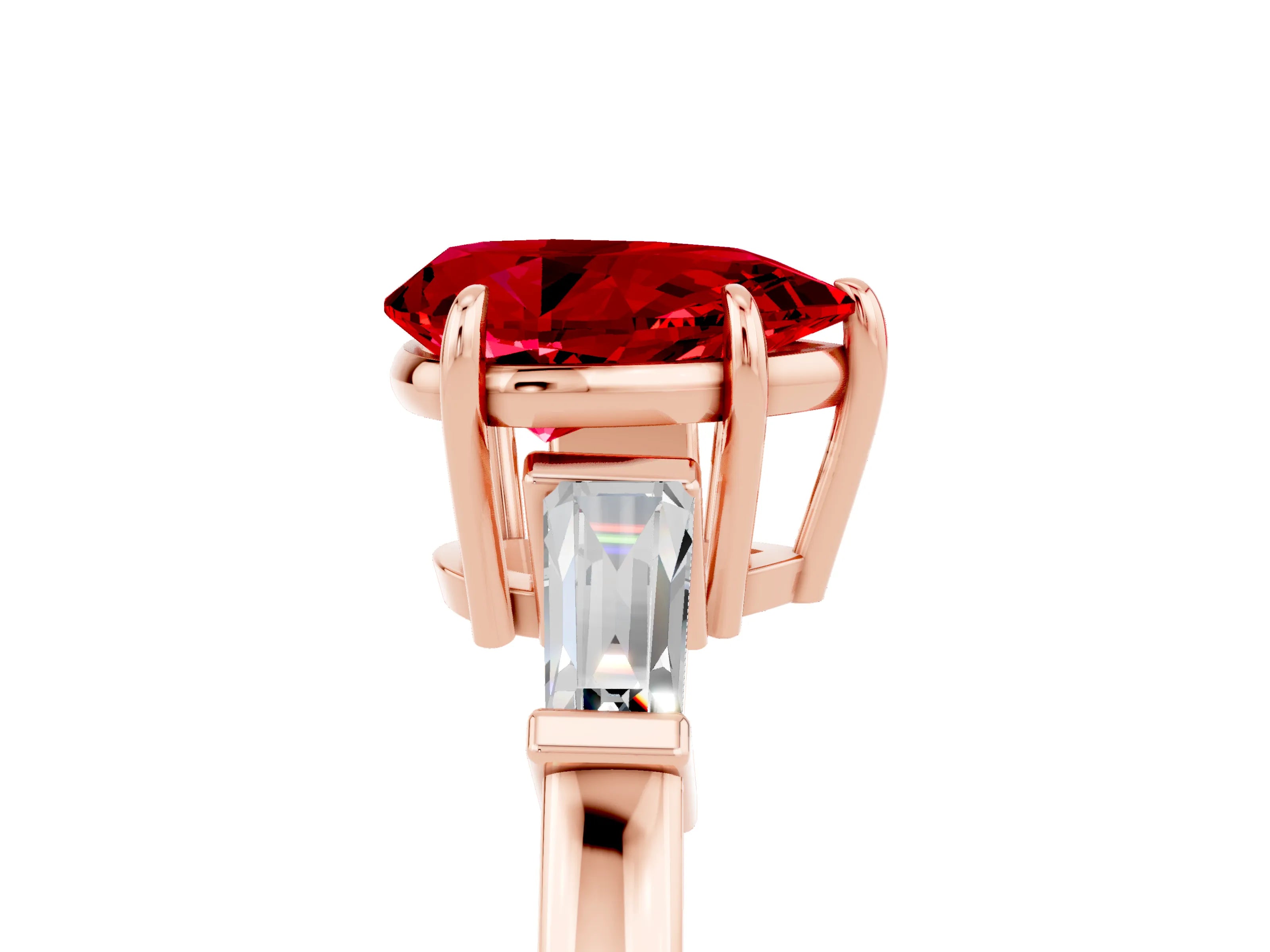 Rose gold Pear Cut Cut Diamond Ring with Tapered Baguette Side Stones in Four-Prong Setting_5