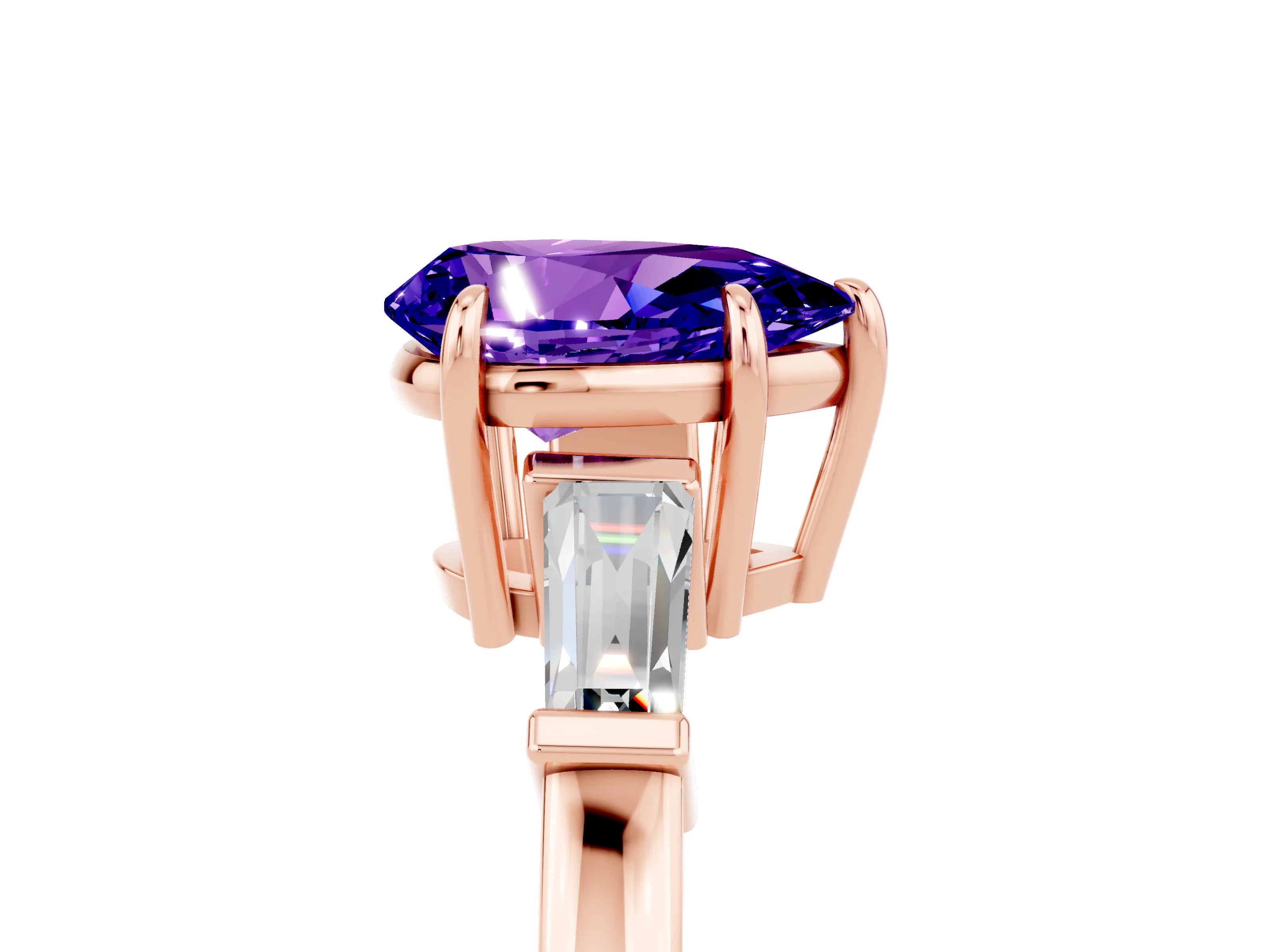 Rose gold Pear Cut Cut Diamond Ring with Tapered Baguette Side Stones in Four-Prong Setting_5