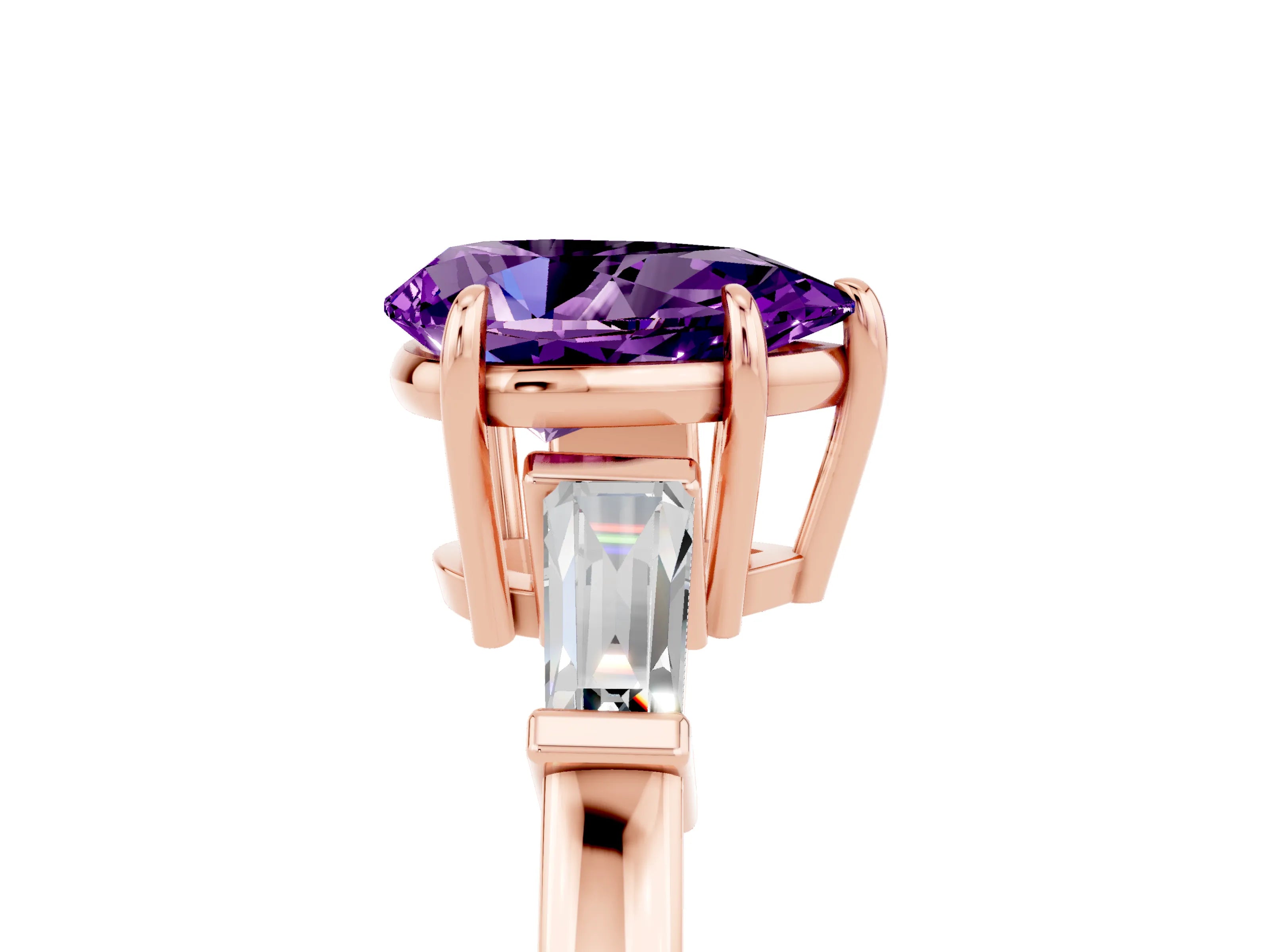 Rose gold Pear Cut Cut Diamond Ring with Tapered Baguette Side Stones in Four-Prong Setting_5