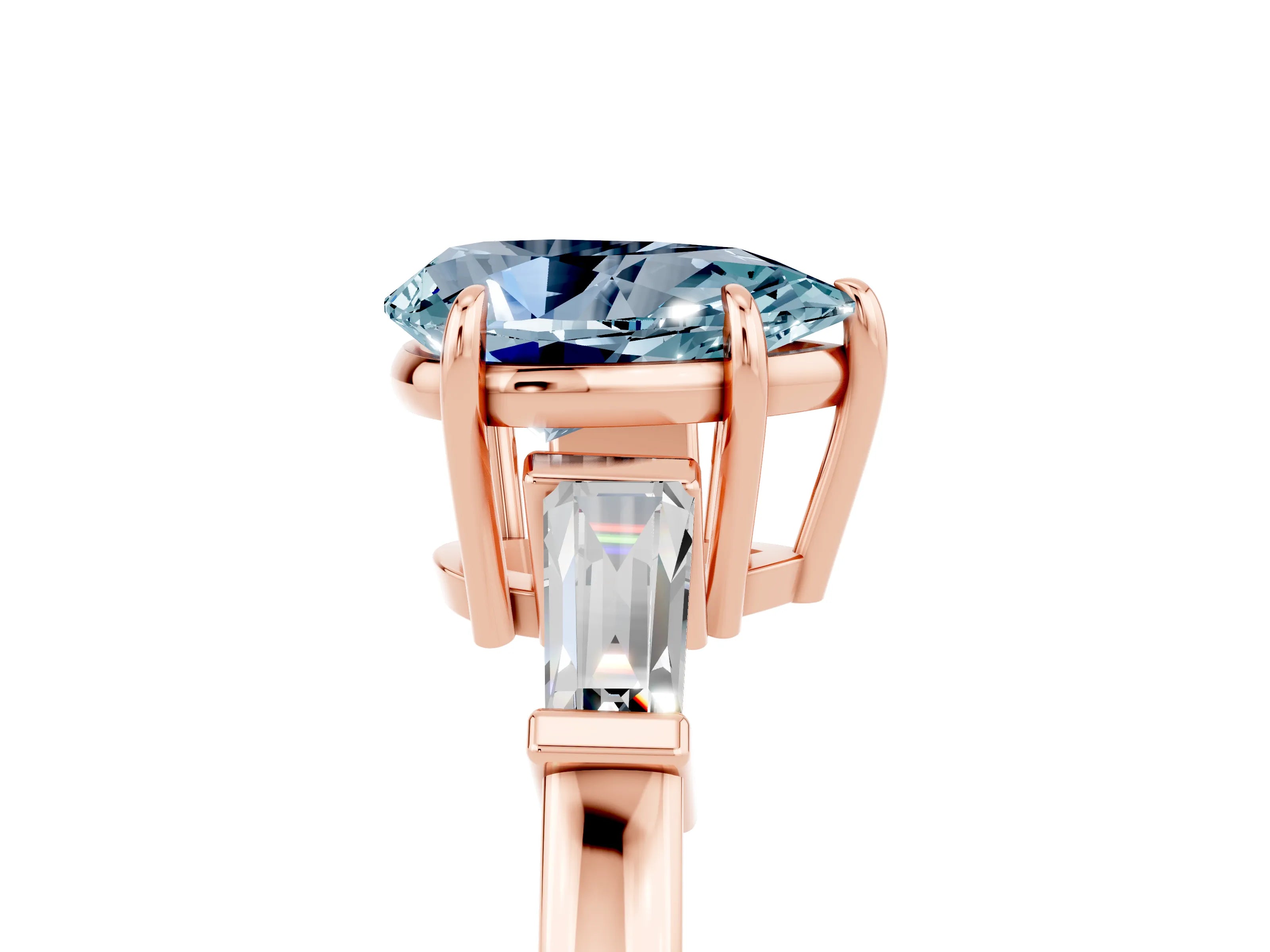 Rose gold Pear Cut Cut Diamond Ring with Tapered Baguette Side Stones in Four-Prong Setting_5