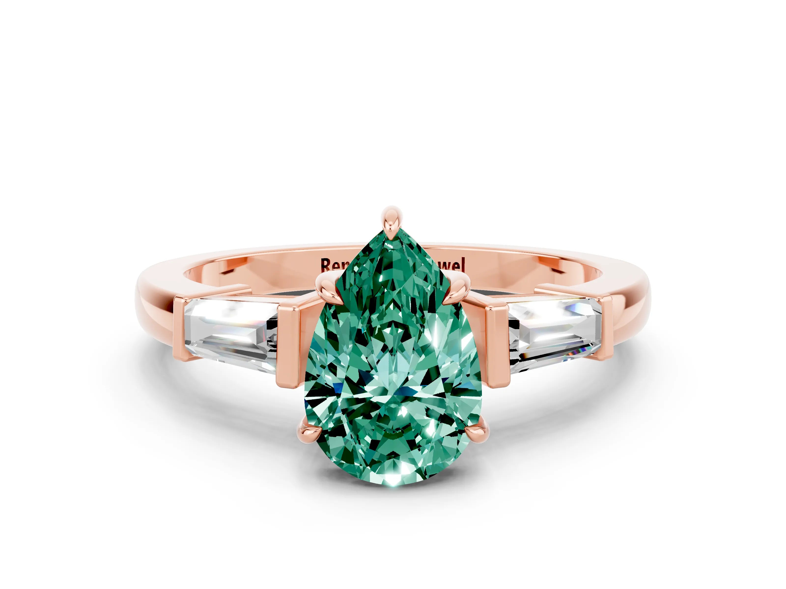 Rose gold Pear Cut Cut Diamond Ring with Tapered Baguette Side Stones in Four-Prong Setting