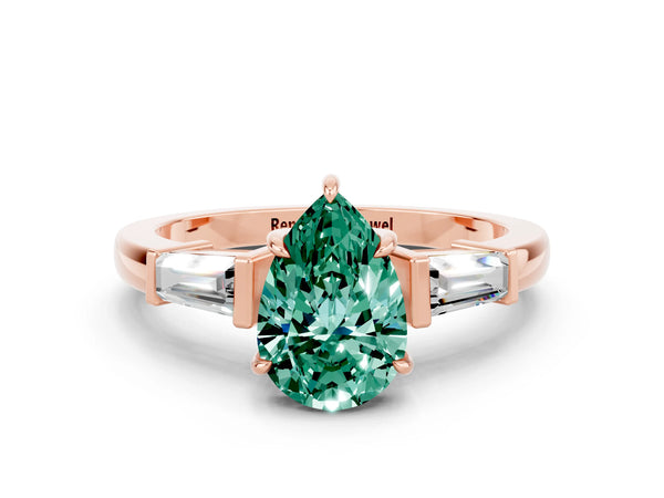 Rose gold Pear Cut Green Sapphire Three-Stone Ring with Tapered Baguette Side Stones and Prong Setting