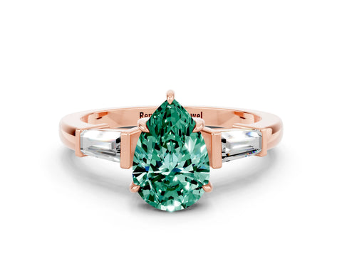 Rose gold Pear Cut Cut Diamond Ring with Tapered Baguette Side Stones in Four-Prong Setting