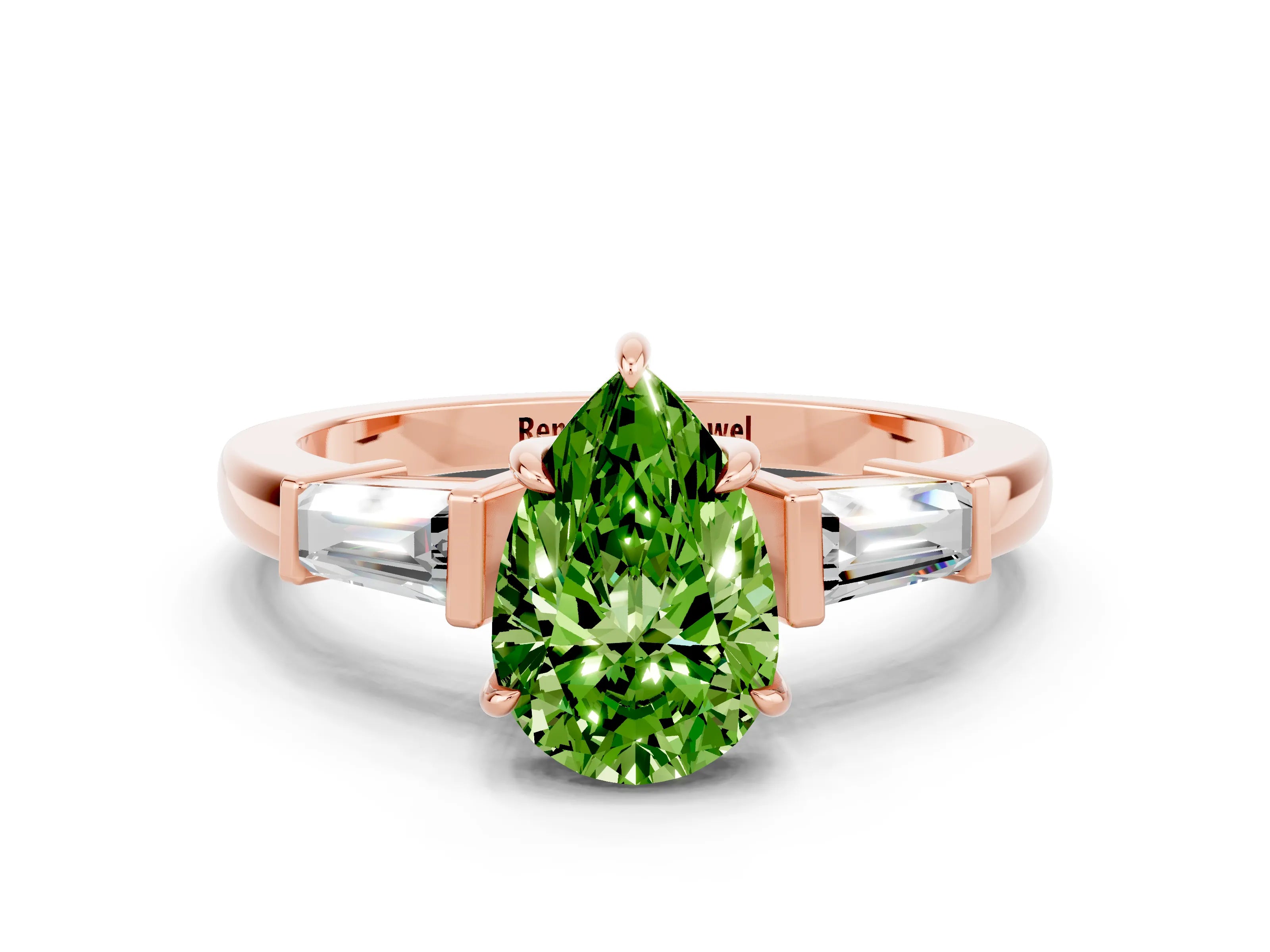 Rose gold Pear Cut Cut Diamond Ring with Tapered Baguette Side Stones in Four-Prong Setting
