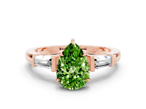 Rose gold Pear Cut Cut Diamond Ring with Tapered Baguette Side Stones in Four-Prong Setting
