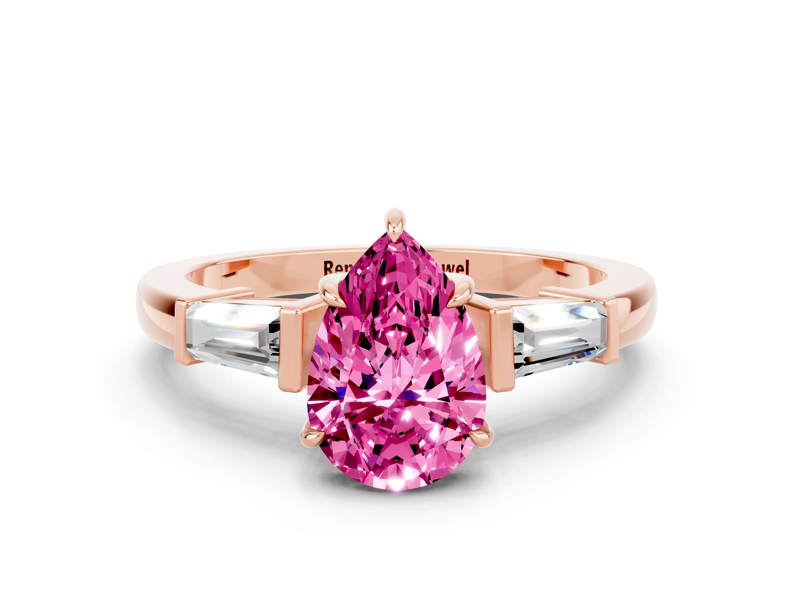 Rose gold Pear Cut Cut Diamond Ring with Tapered Baguette Side Stones in Four-Prong Setting