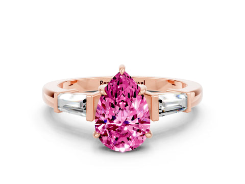 Rose gold Pear Cut Cut Diamond Ring with Tapered Baguette Side Stones in Four-Prong Setting