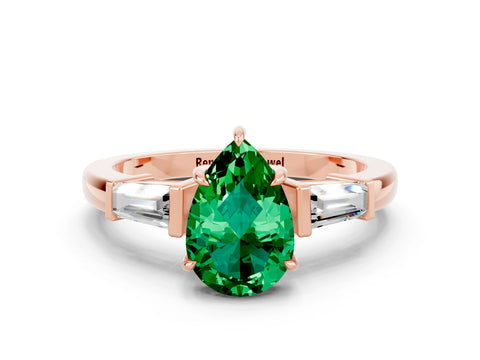 Rose gold Pear Cut Cut Diamond Ring with Tapered Baguette Side Stones in Four-Prong Setting