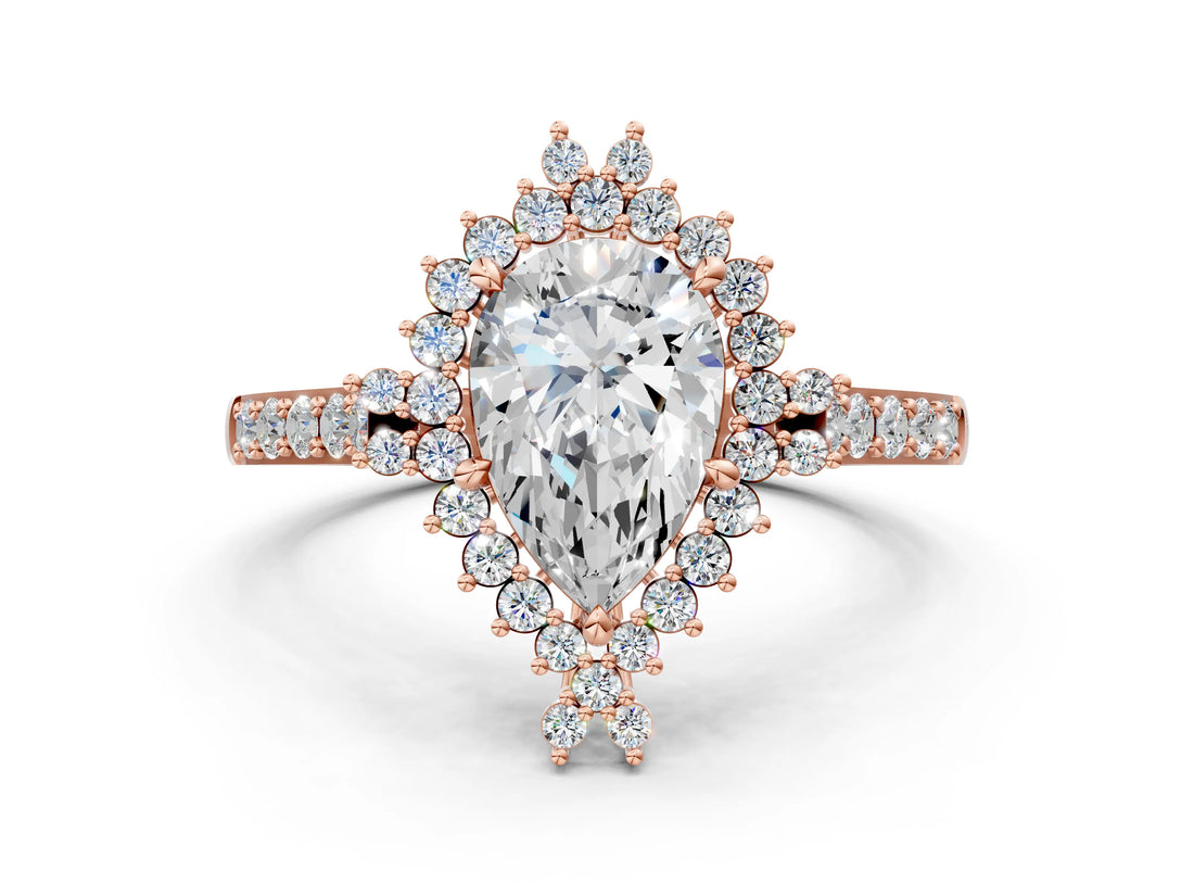 Rose gold Pear Cut Cut Diamond Sunburst Halo Engagement Ring with Pavé Band_3