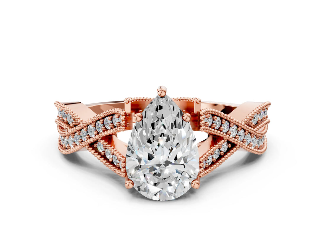 Rose gold Pear Cut Cut Diamond Twisted Band with Milgrain Pave Setting and Four-Prong Setting_2