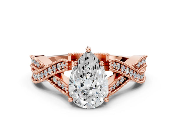 Rose gold Pear Cut Cut Diamond Twisted Band with Milgrain Pave Setting and Four-Prong Setting