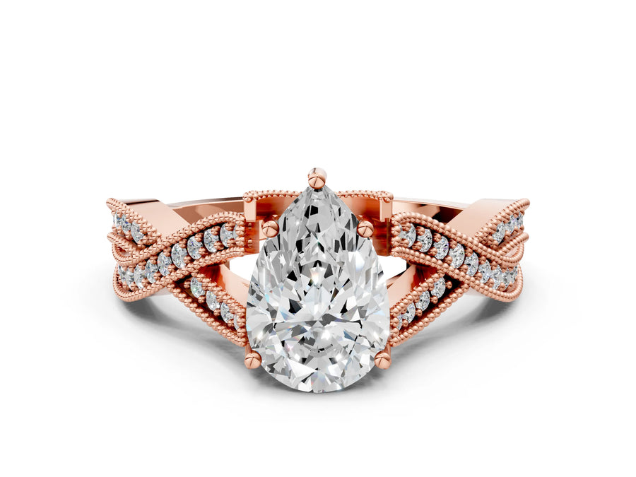 Rose gold Pear Cut Cut Diamond Twisted Band with Milgrain Pave Setting and Four-Prong Setting