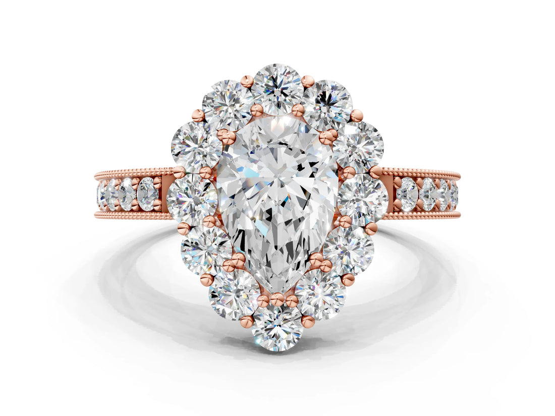 Rose gold Pear Cut Cut Halo Diamond Pavé Engagement Ring with Milgrain Detailing_15