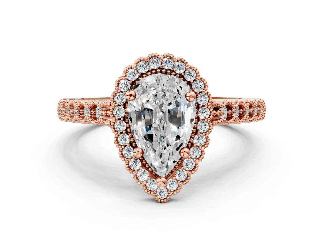 Rose gold Pear Cut Cut Halo Pavé Solitaire Ring with Milgrain Band_3