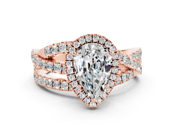 Rose gold Pear Cut Moissanite Halo Ring with Round Split Shank and Prong Setting