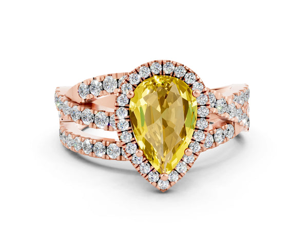 Rose gold Pear Cut Yellow Sapphire Halo Ring with Round Split Shank and Prong Setting