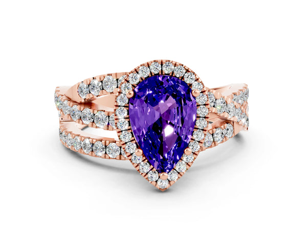 Rose gold Pear Cut Tanzanite Halo Ring with Round Split Shank and Prong Setting