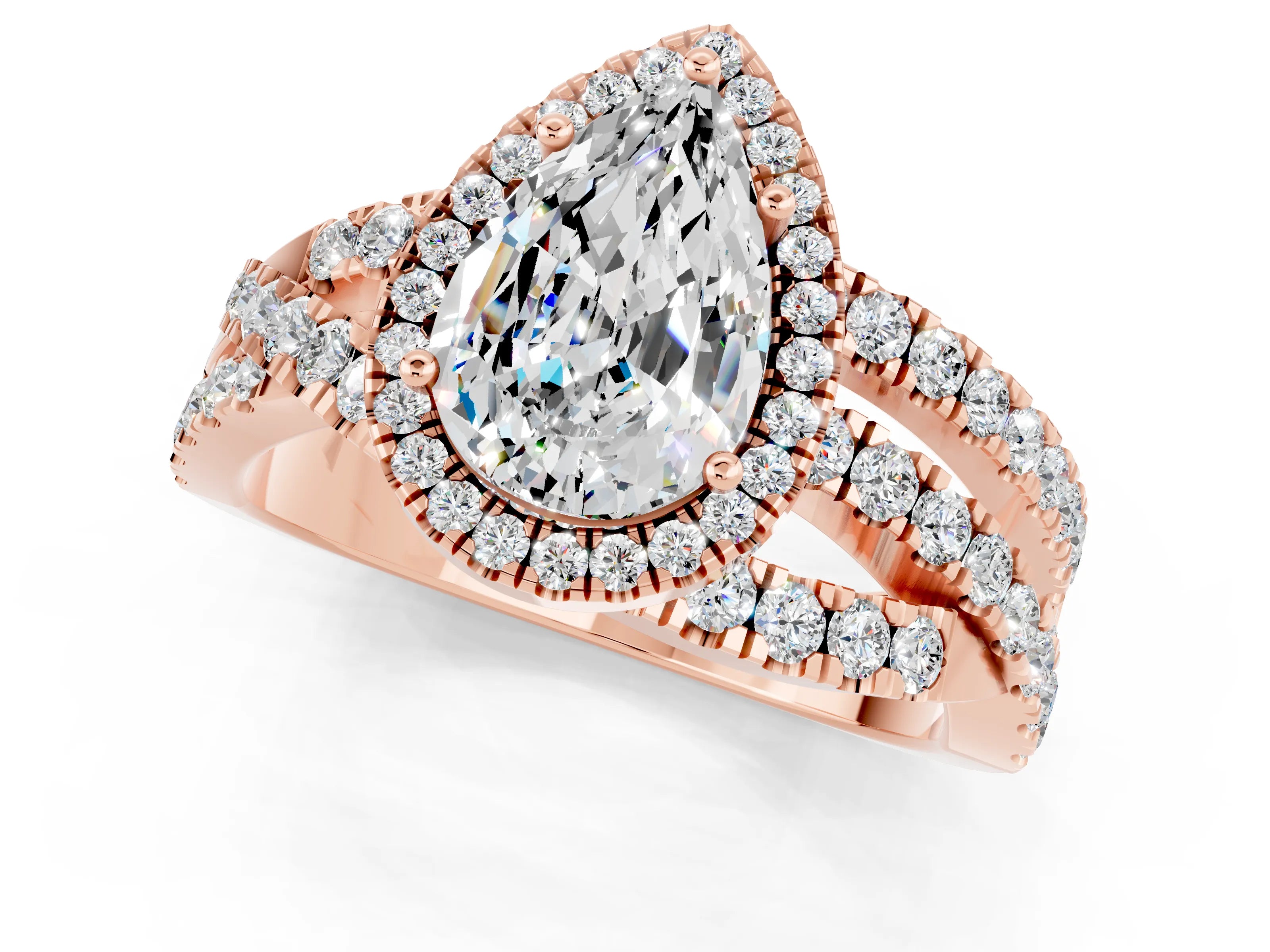Rose gold Pear Cut Cut Halo Split Shank Prong Setting Ring_25