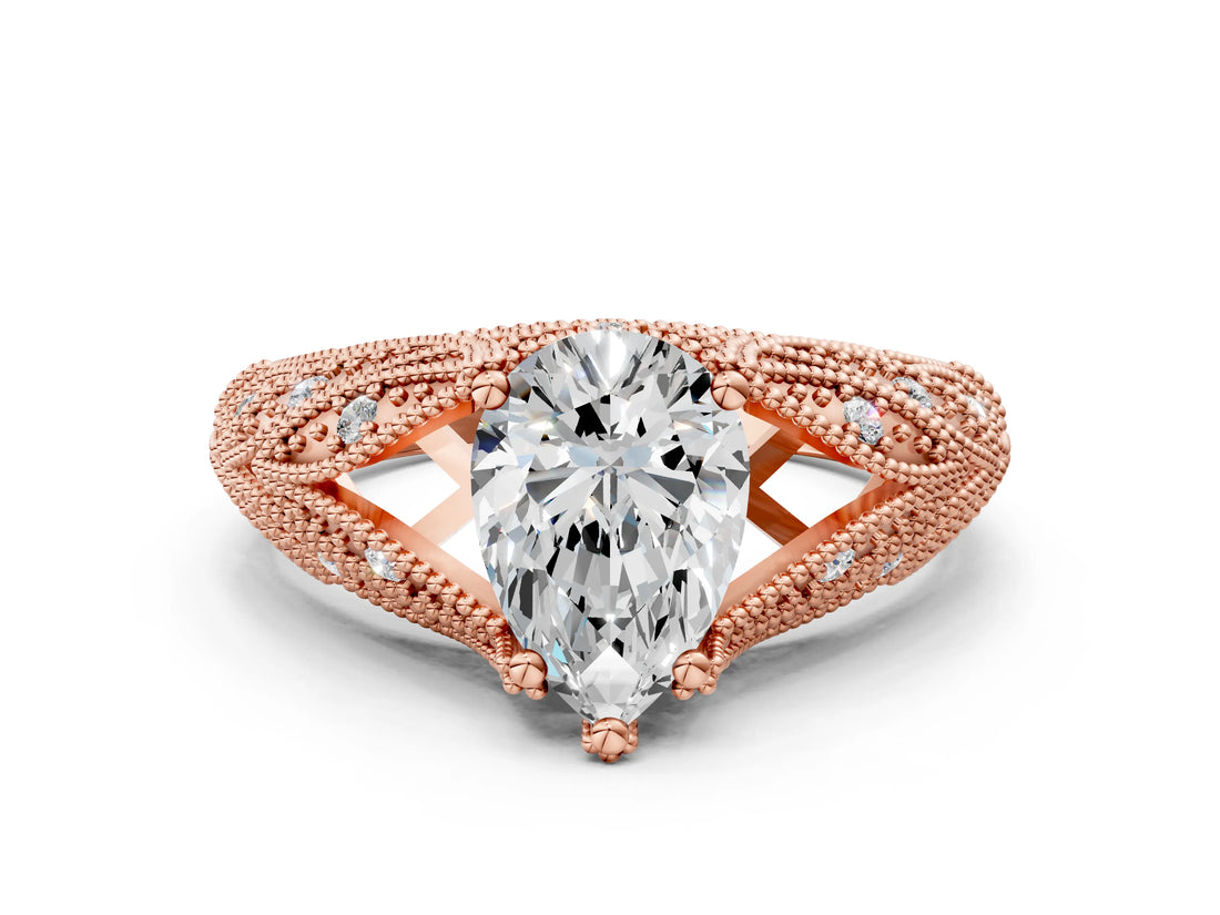 Rose gold Pear Cut Cut Milgrain Pave Diamond Engagement Ring with Four-Prong Setting_3