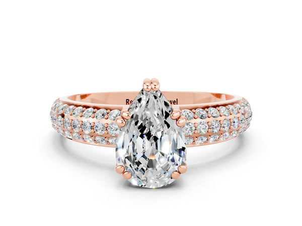 Rose gold Pear Cut Moissanite Solitaire Ring with Multi-Row Round Pavé Band and Prong Setting