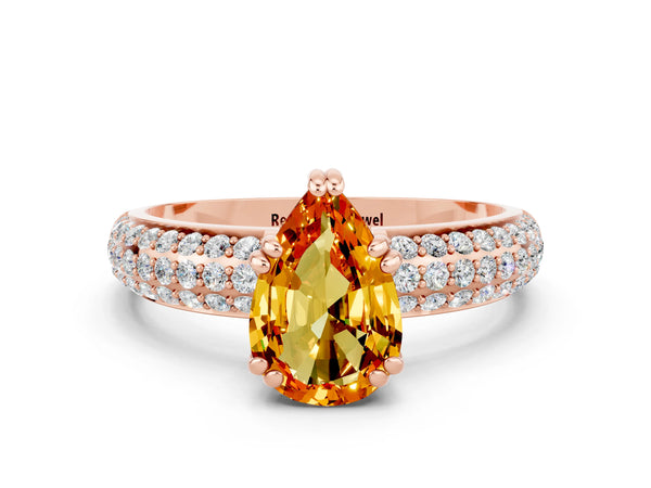 Rose gold Pear Cut Citrine Solitaire Ring with Multi-Row Round Pavé Band and Prong Setting