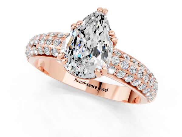 Rose gold Pear Cut Moissanite Solitaire Ring with Multi-Row Round Pavé Band and Prong Setting