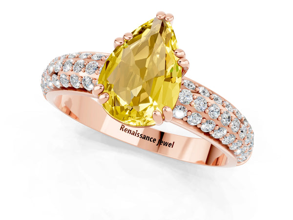 Rose gold Pear Cut Yellow Sapphire Solitaire Ring with Multi-Row Round Pavé Band and Prong Setting