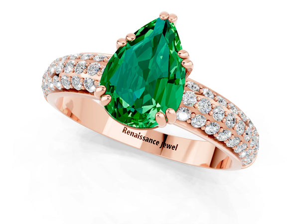 Rose gold Pear Cut Emerald Solitaire Ring with Multi-Row Round Pavé Band and Prong Setting