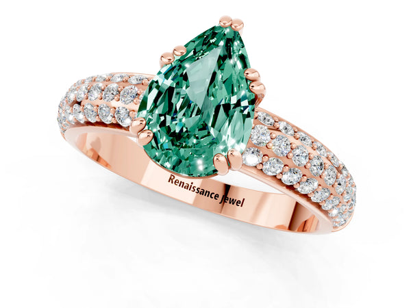 Rose gold Pear Cut Green Sapphire Solitaire Ring with Multi-Row Round Pavé Band and Prong Setting
