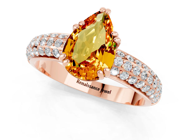 Rose gold Pear Cut Citrine Solitaire Ring with Multi-Row Round Pavé Band and Prong Setting